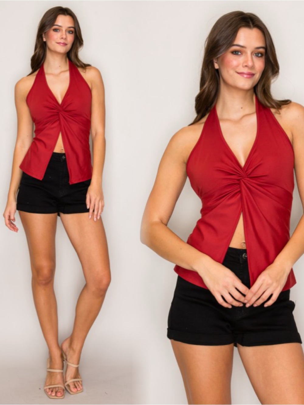 Knot-Front Halter Camisole in Red